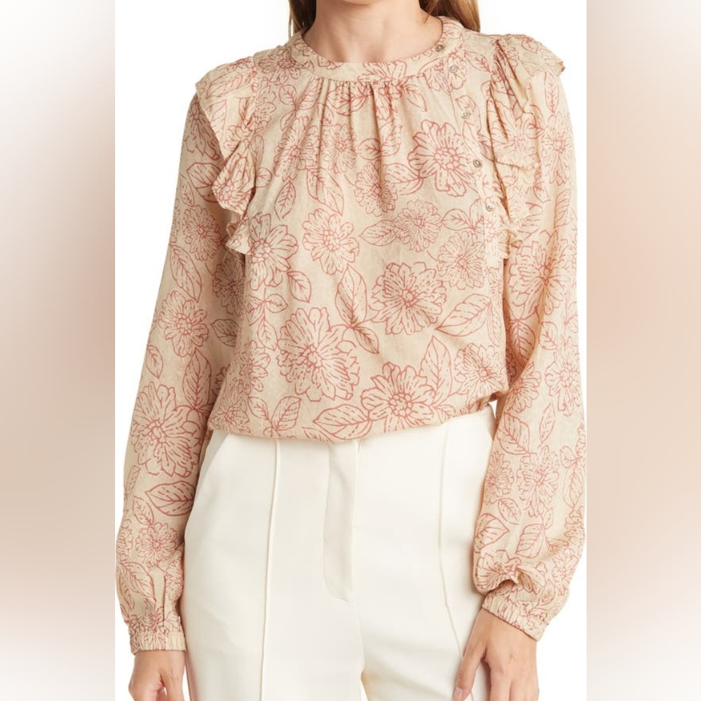 Current Air Floral Ruffle Long Sleeve Blouse Chai Latte Medium New
